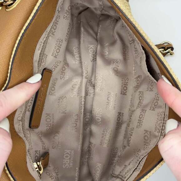 Michael Kors Vivian Tan Leather & Rattan Crossbody Purse - Picture 10 of 15